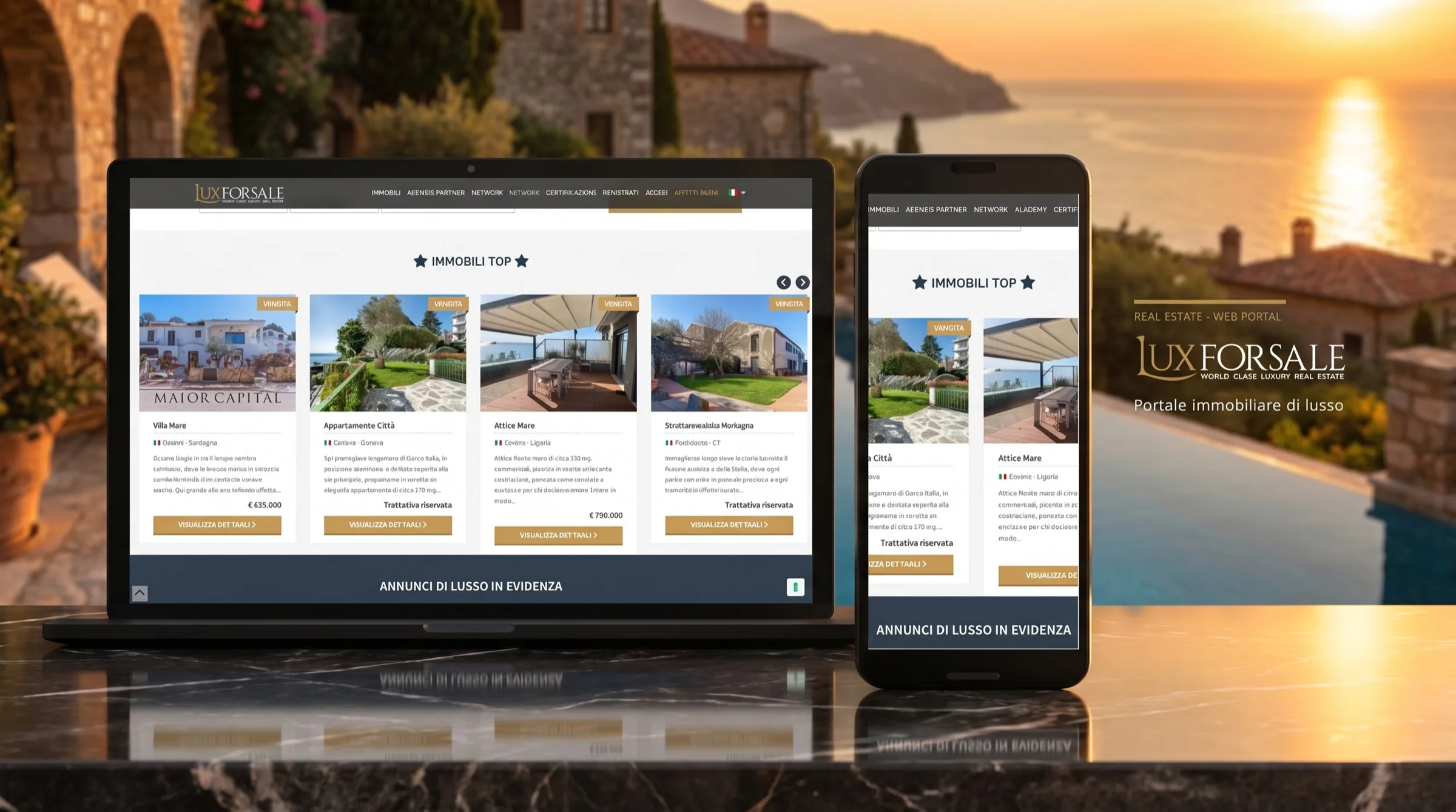 Piattaforma Luxforsale mostrata su più dispositivi, con schede immobile e ricerca