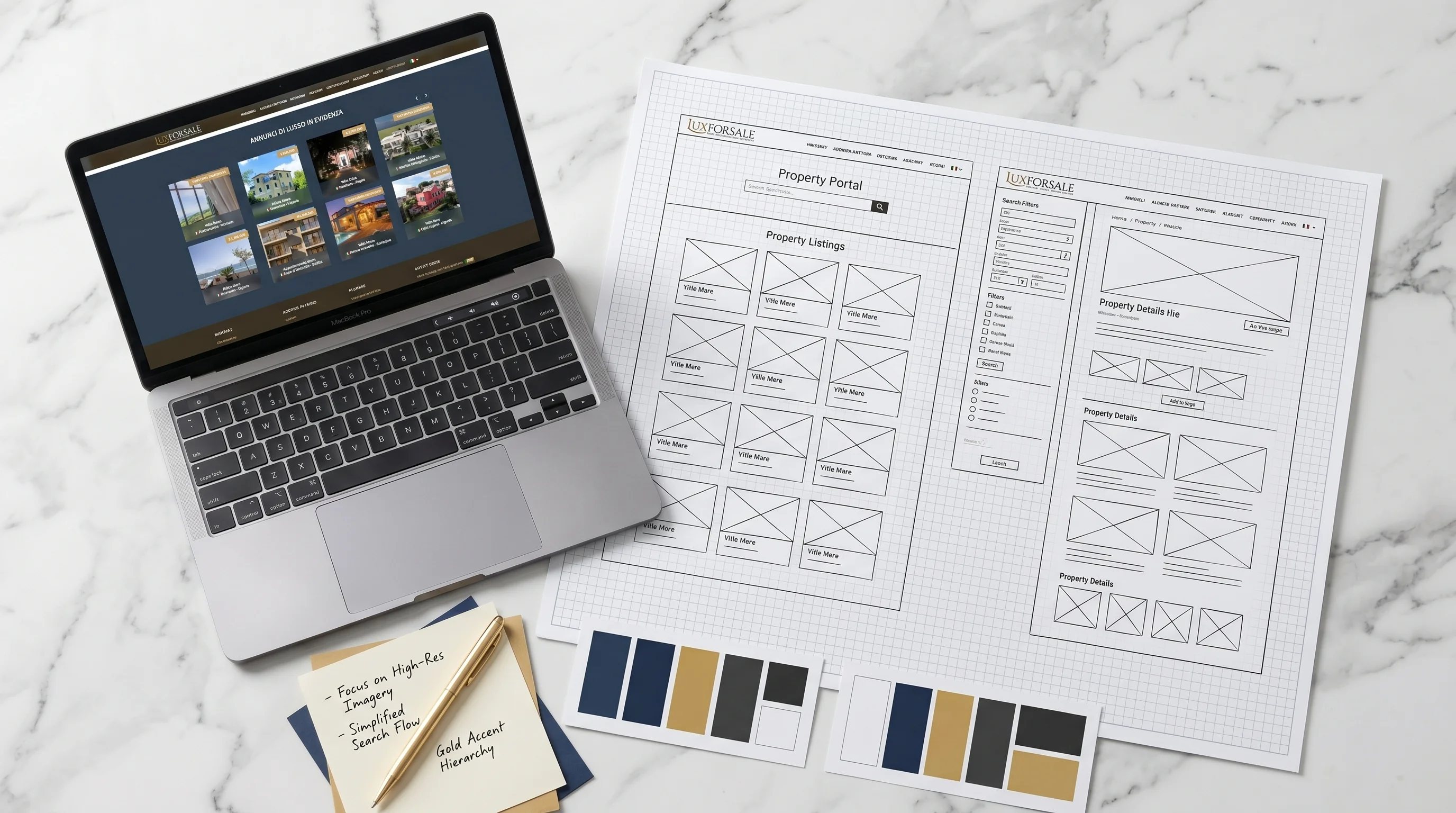 Wireframe e palette colori in fase di esplorazione